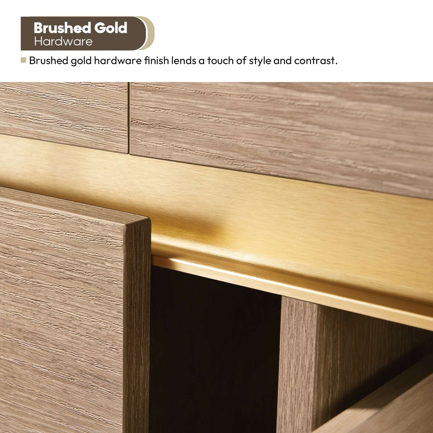 Vinnova, Palencia 84" Double Sink Wall-Mount Bath Vanity in North American Oak with White Composite Integral Sink Top brushed gold hardware detail.