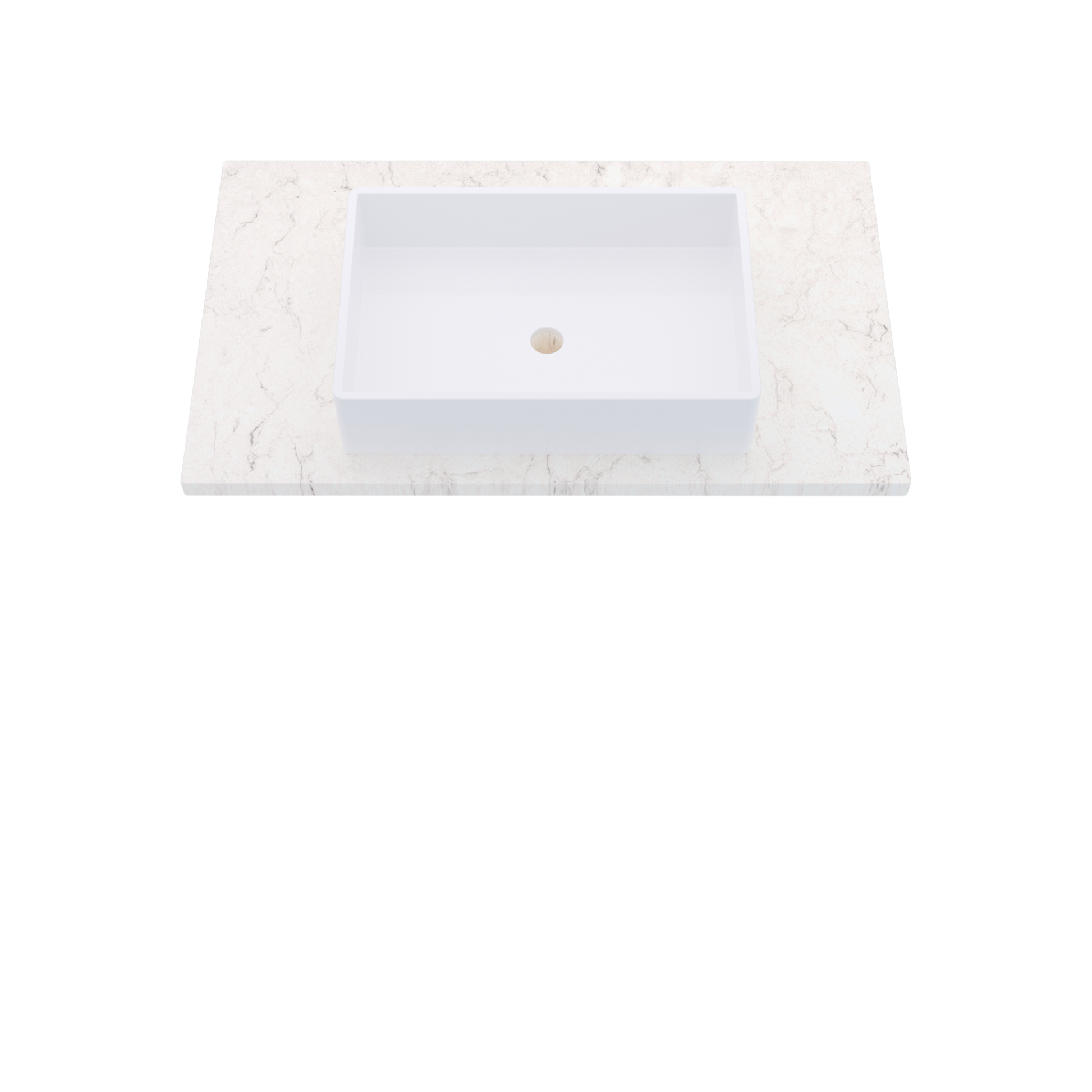37" Vanderloc Silestone® Quartz Bathroom Vanity Top | Single Vigo Sink | Centered in Snowy Ibiza