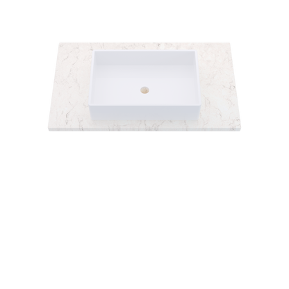 37" Vanderloc Silestone® Quartz Bathroom Vanity Top | Single Vigo Sink | Centered in Snowy Ibiza