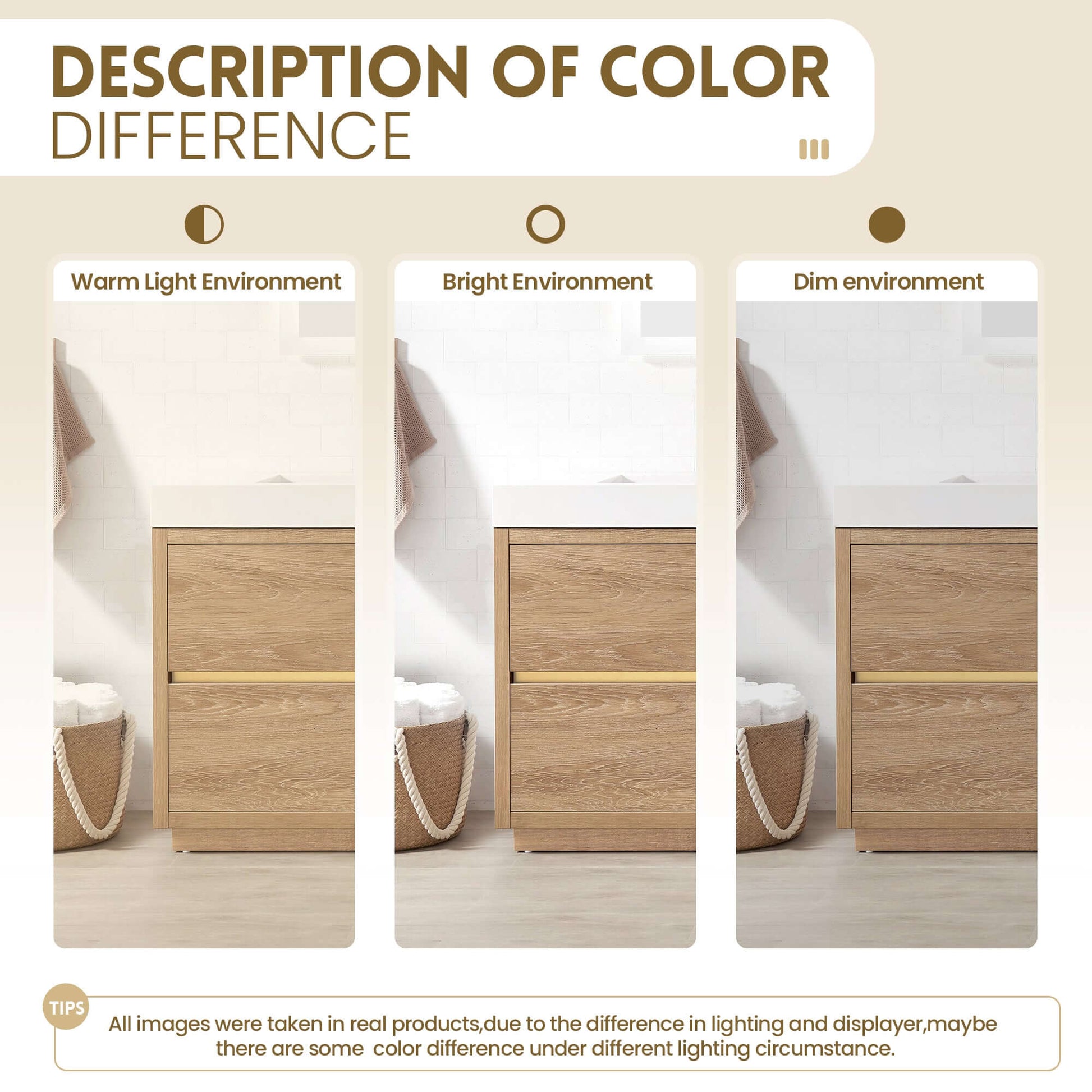 Color difference of the Vinnova, Huesca 84" Double Sink Bath Vanity in North American Oak under different lighting conditions