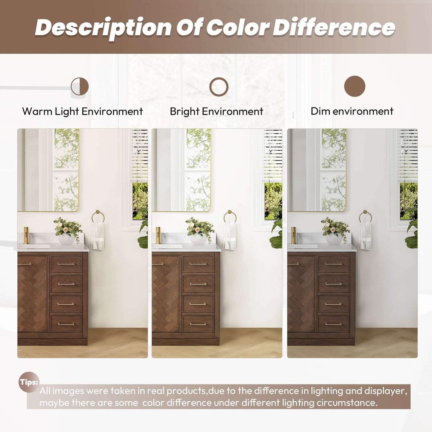 Comparison of bathroom vanity color difference in warm, bright, and dim environments.