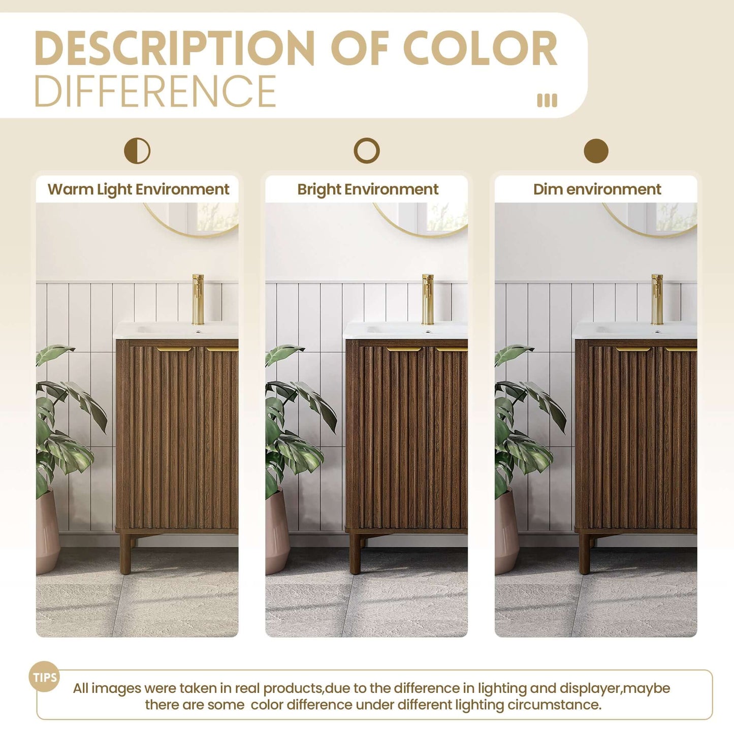 Vinnova, Mumbai 24" Free-standing Single Bath Vanity in Aged Dark Brown Oak with Drop-In White Ceramic Basin Top under various lighting conditions