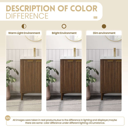 Vinnova, Mumbai 24" Free-standing Single Bath Vanity in Aged Dark Brown Oak with Drop-In White Ceramic Basin Top under various lighting conditions