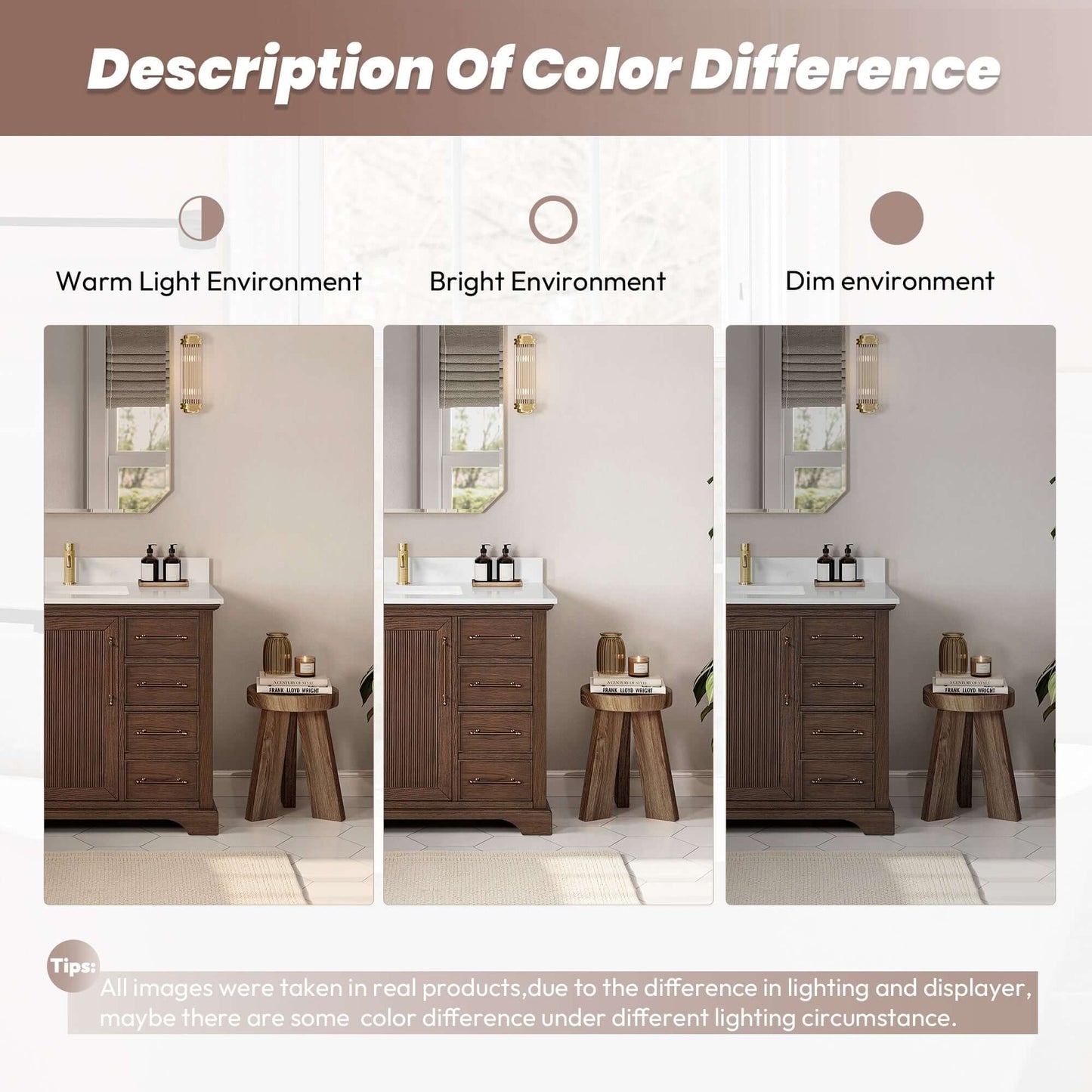 Color comparison of Vinnova, Tokyo 60" Freestanding Single Bath Vanity in Aged Dark Brown Oak with Silk White Quartz Stone Top under varied lighting