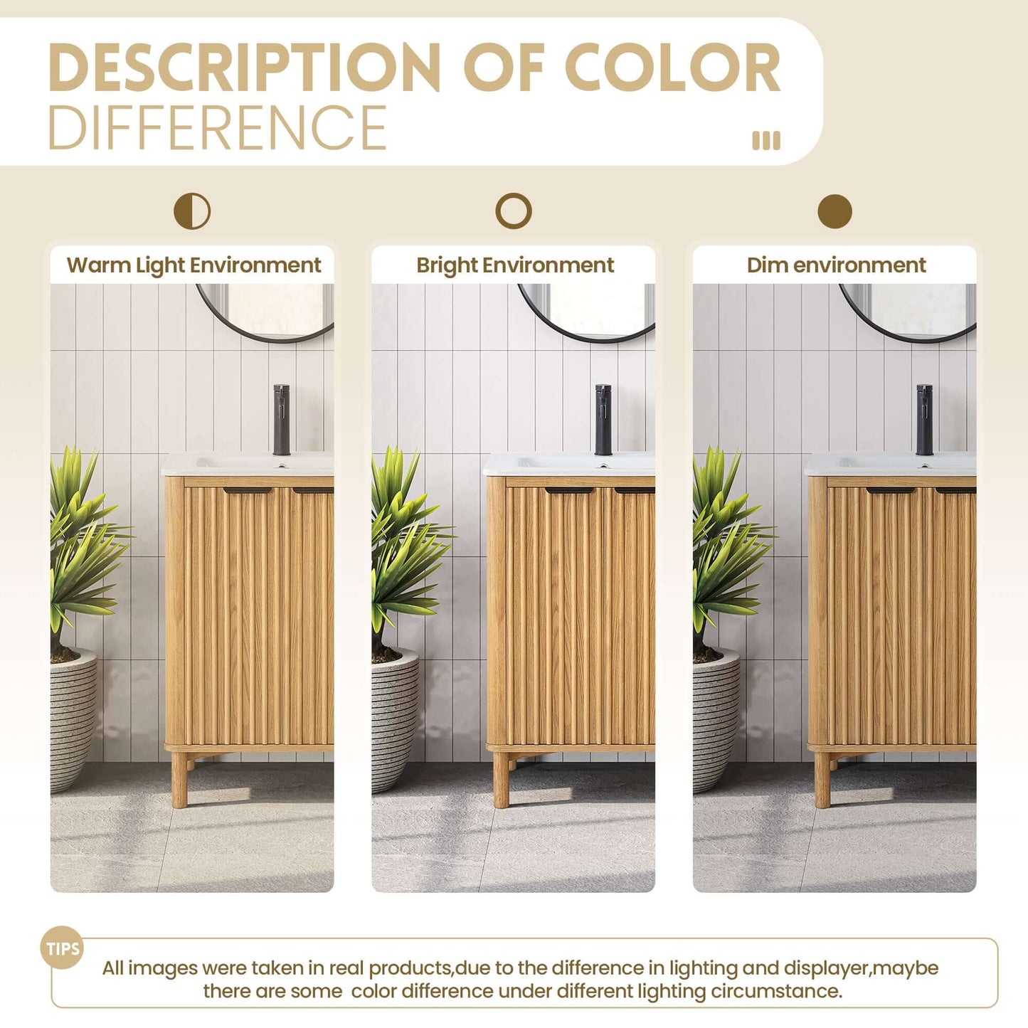 Comparison of Vinnova, Mumbai 24" Free-standing Single Bath Vanity in Oak Weathering Light Brown in different lighting environments.