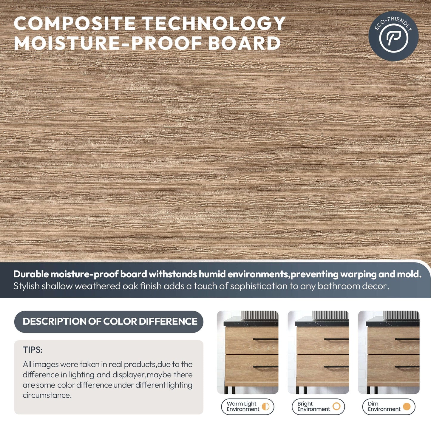 Composite technology moisture-proof board with weathered oak finish for bathroom decor, resistant to humidity, warping, and mold.