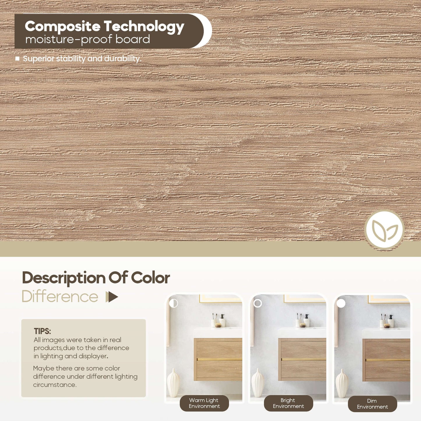 Composite moisture-proof board technology with color variations in different lighting conditions.