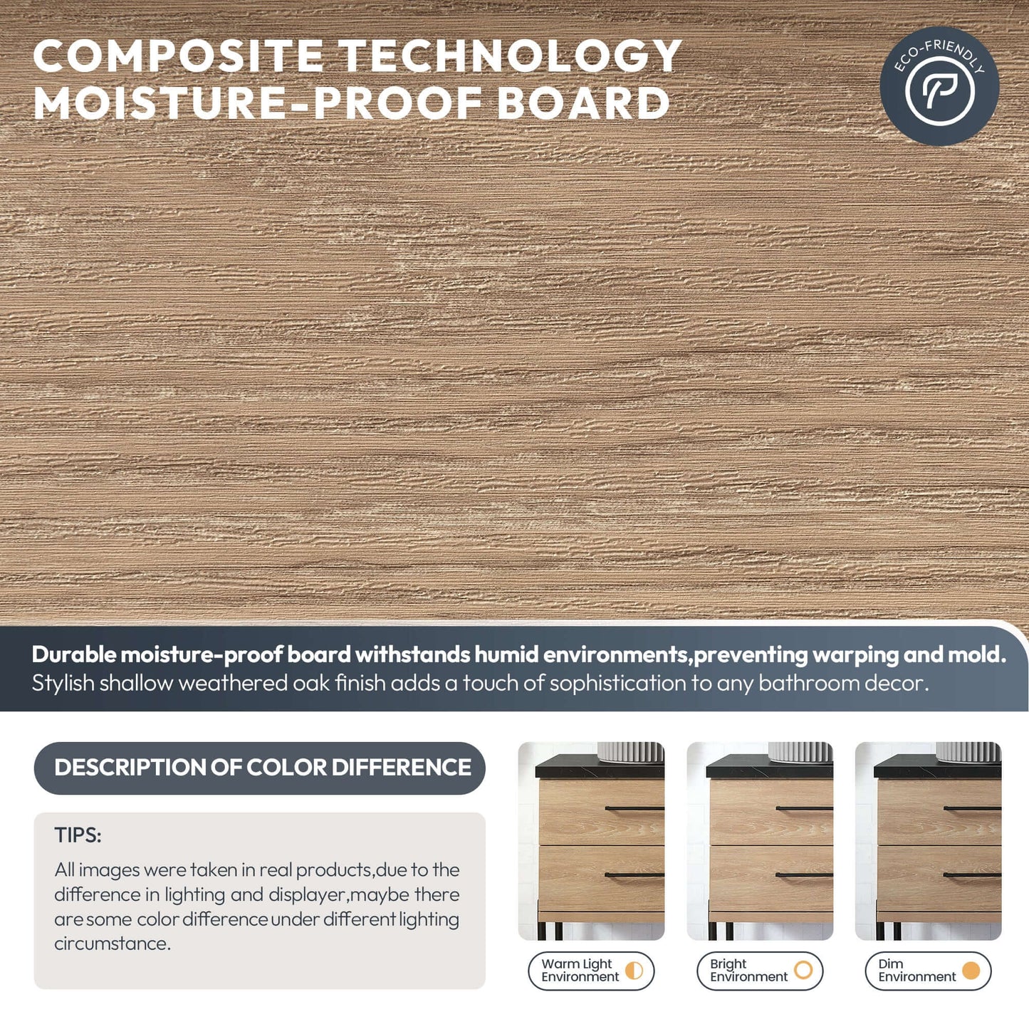 Durable moisture-proof composite board with weathered oak finish for bathroom decor and anti-warping properties, eco-friendly design.