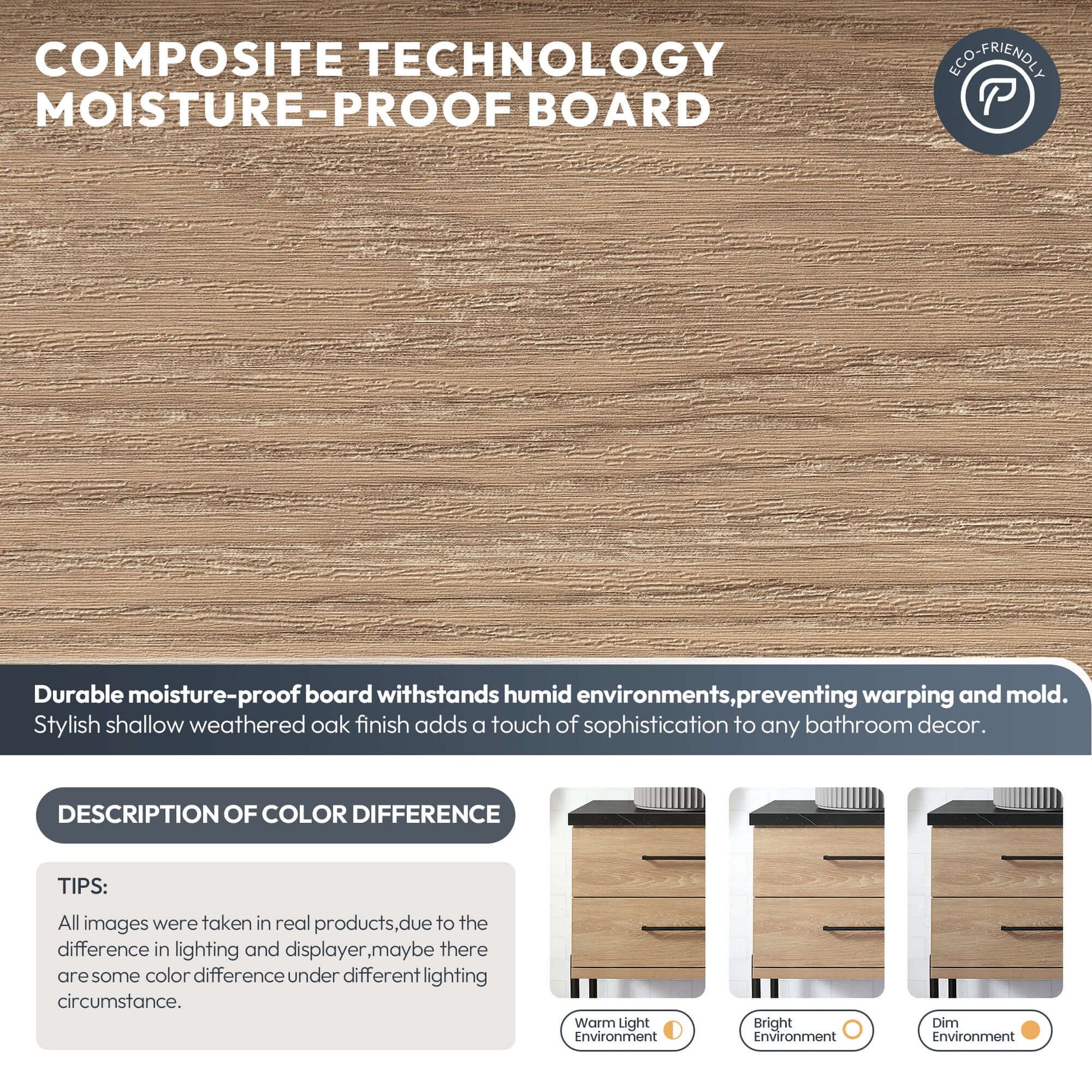 Durable moisture-proof composite board with weathered oak finish for bathroom decor and anti-warping properties, eco-friendly design.