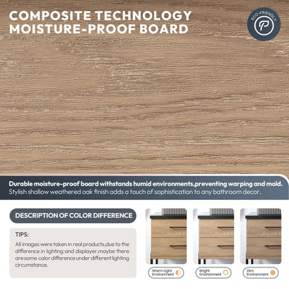 Composite technology moisture-proof board with weathered oak finish prevents warping, perfect for bathroom decor.