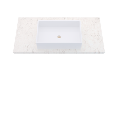43" Vanderloc Silestone® Quartz Bathroom Vanity Top | Single Vigo Sink | Centered in Snowy Ibiza