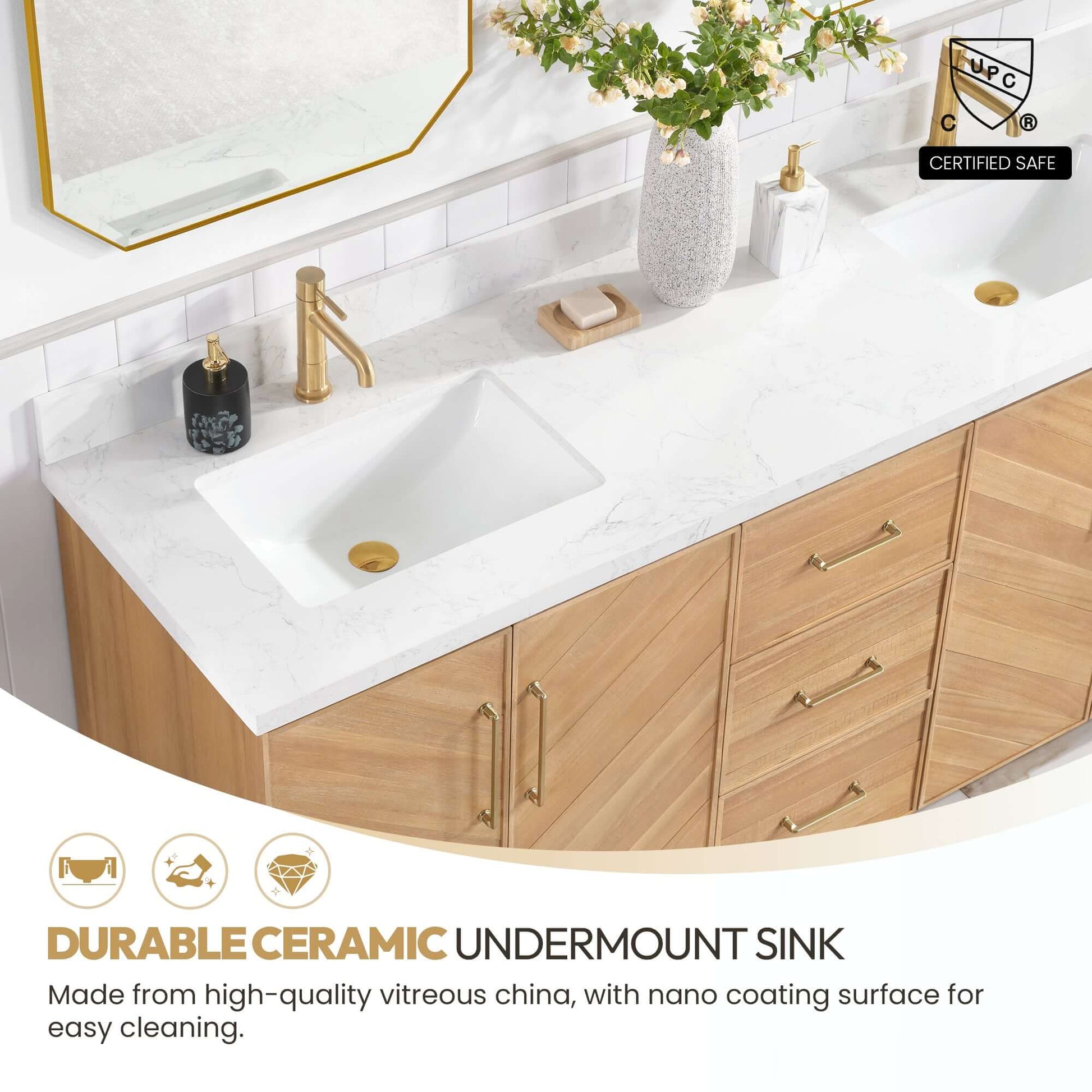 Vinnova, Karachi 72" Double Sink Bath Vanity in Acacia Classic Gray with White Grain Composite Stone Top in bathroom setting