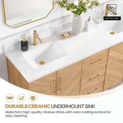 Vinnova, Karachi 72" Double Sink Bath Vanity in Acacia Classic Gray with White Grain Composite Stone Top in bathroom setting