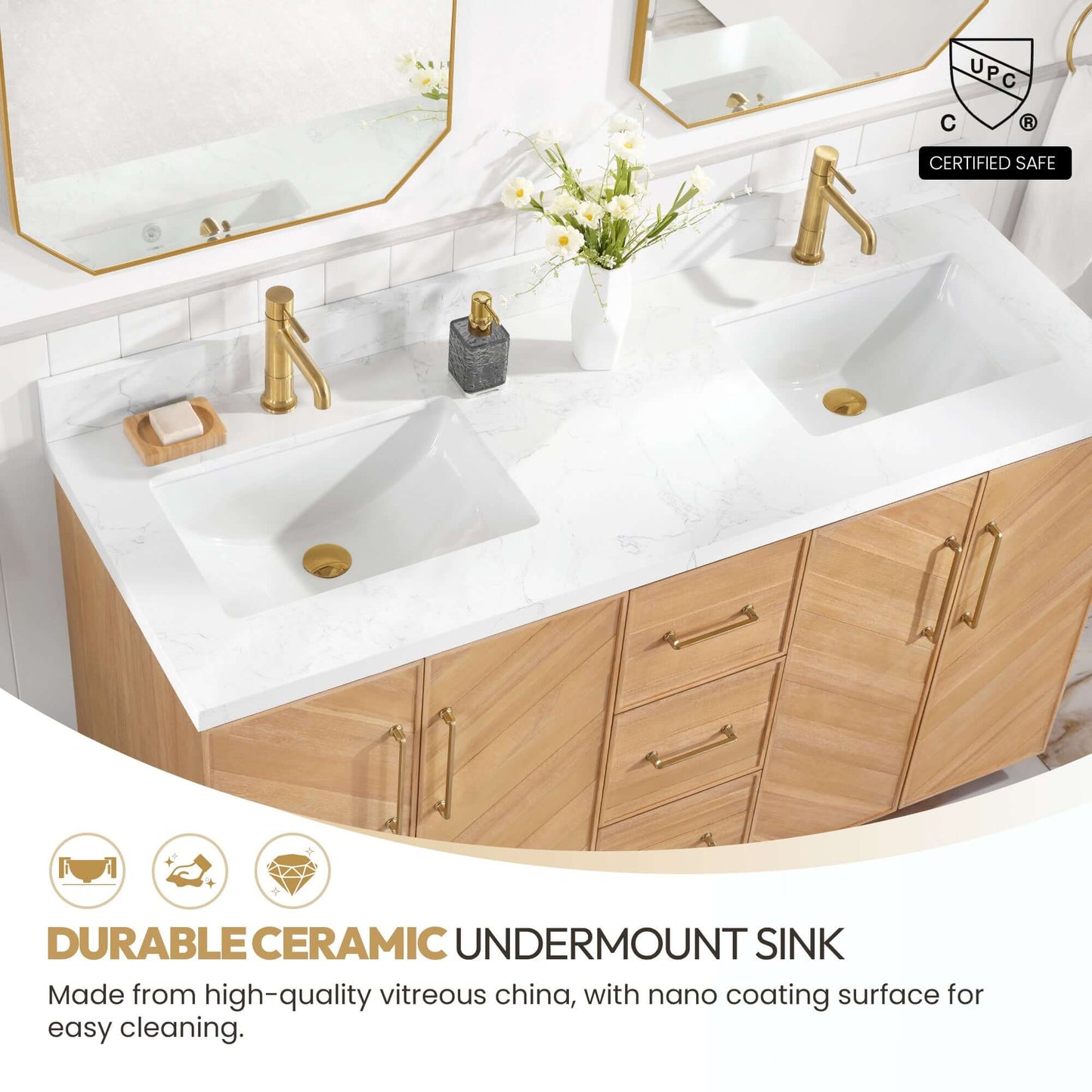 Vinnova, Karachi 60" Double Sink Bath Vanity in Acacia Classic Gray with White Grain Composite Stone Top featuring ceramic sinks