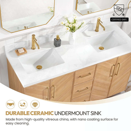 Vinnova, Karachi 60" Double Sink Bath Vanity in Acacia Classic Gray with White Grain Composite Stone Top featuring ceramic sinks