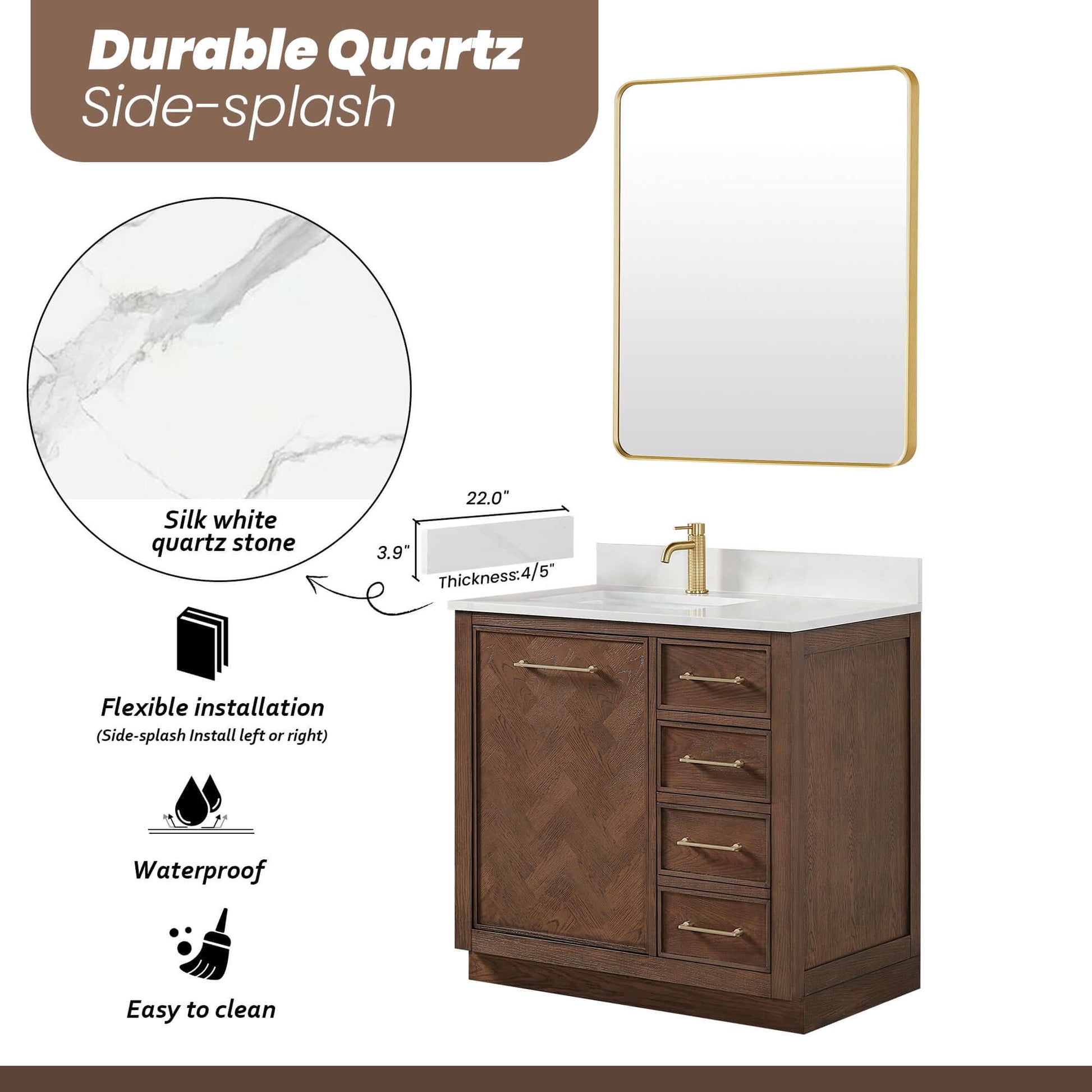 Vinnova, Jakarta 36" Freestanding Single Bath Vanity in Aged Dark Brown Oak with Silk White Quartz Stone Top