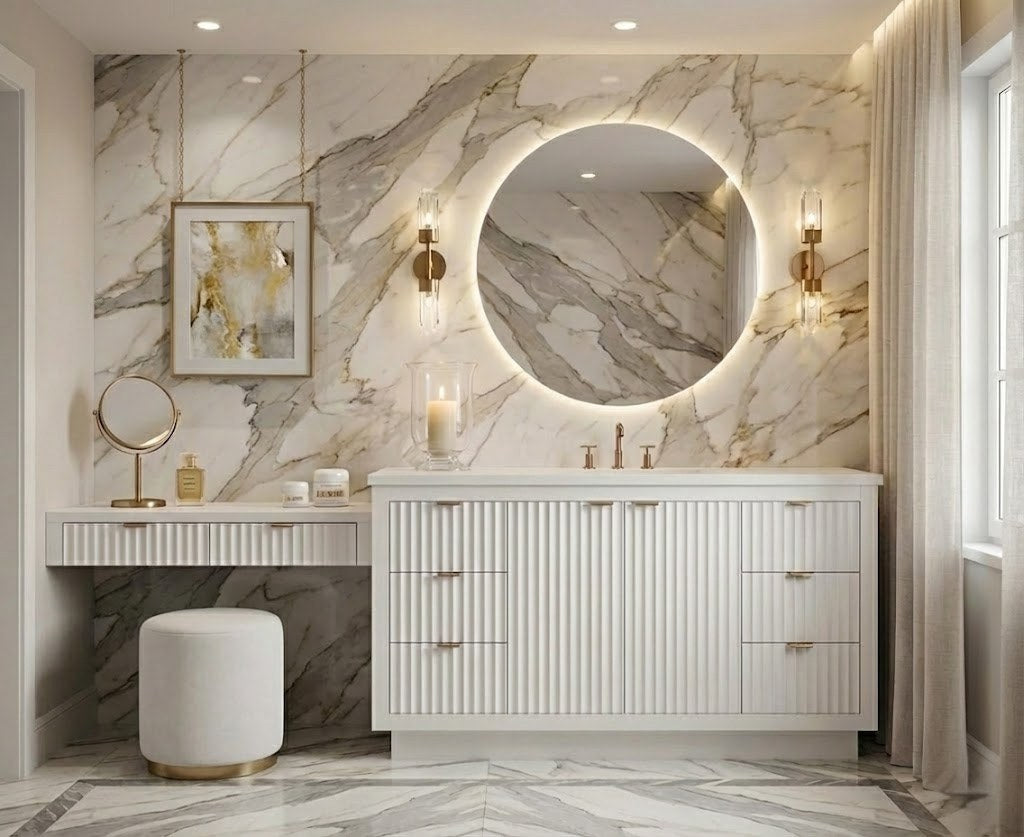 LeCrieú bath vanity in Pure White, styled bathroom