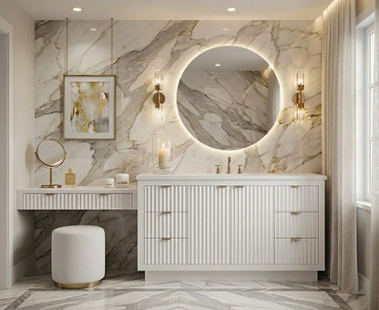 LeCrieú bath vanity in Pure White, styled bathroom