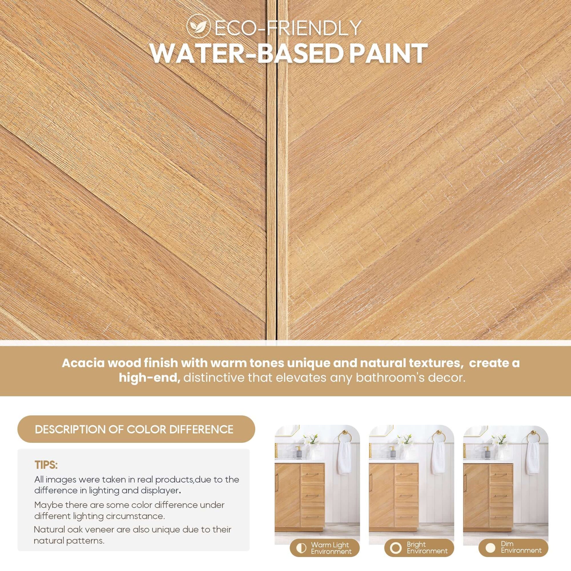 Eco-friendly water-based paint on Acacia wood with natural textures for Vinnova, Karachi 72" Double Sink Bath Vanity.