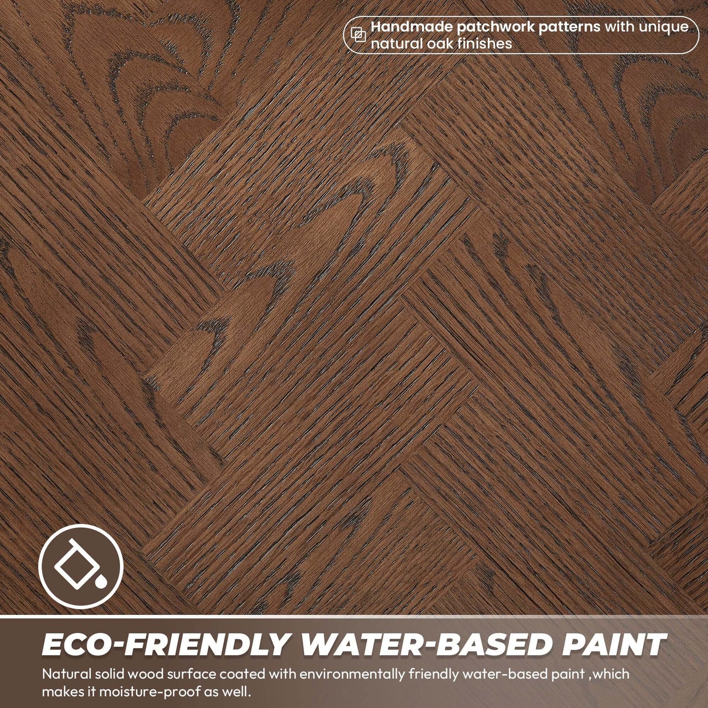 Natural oak finish with eco-friendly water-based paint showcasing handmade patchwork pattern on wood surface