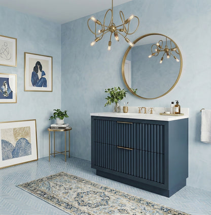 LeCrieú bath vanity in Hague Blue, styled bathroom
