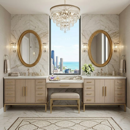Rift White Oak bath vanity in Natural Weathered, styled bathroom