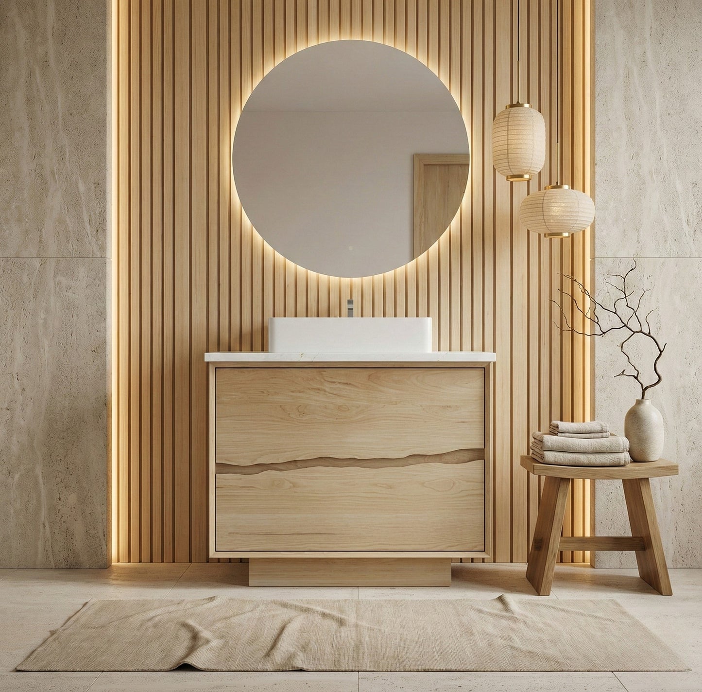 Ventura bath vanity in American White Oak, styled bathroom