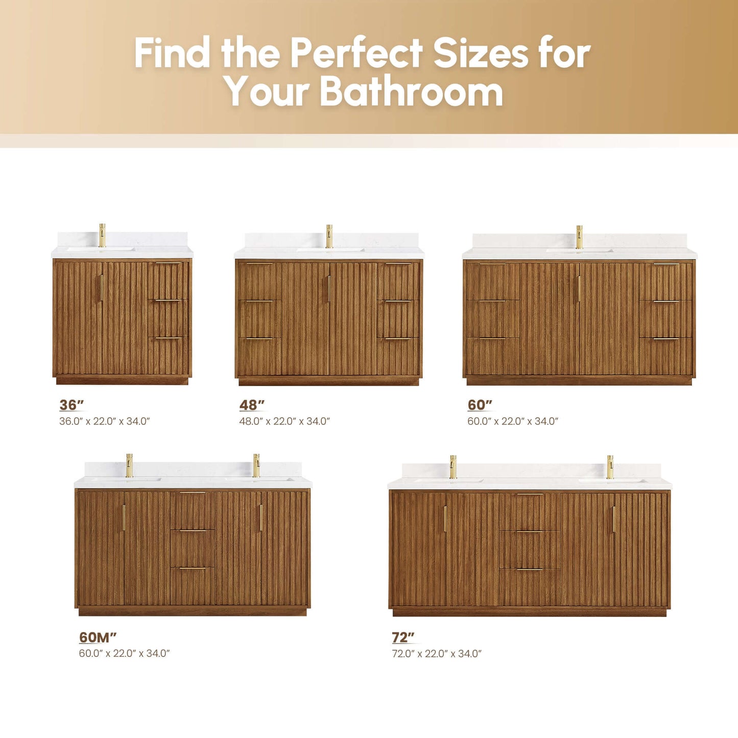 Bathroom vanities in various sizes including 36, 48, 60, and 72 inches with white tops and brown wood cabinets displayed for size comparison.