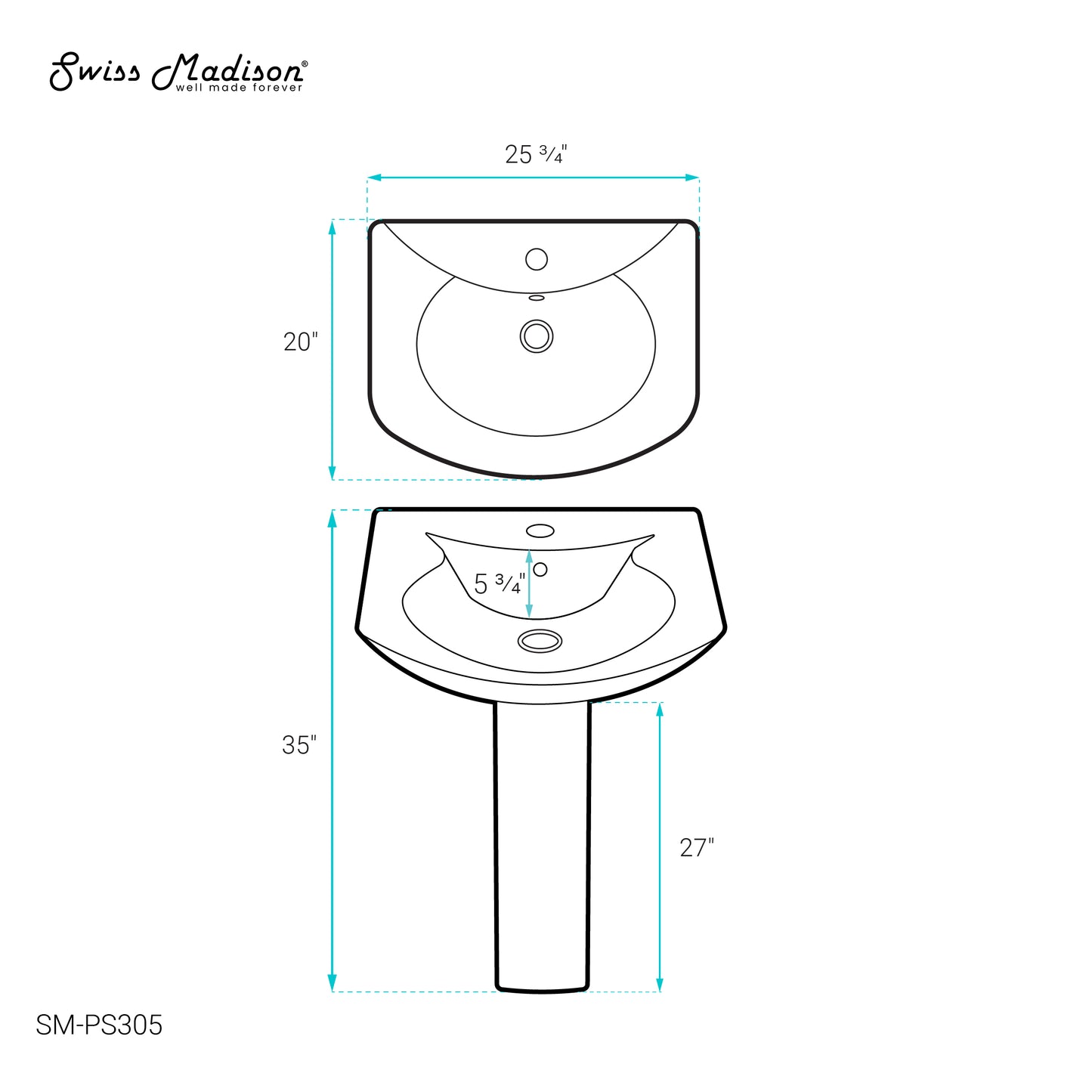 Swiss Madison, Chateau Pedestal Bathroom Sink Round Single Faucet Hole