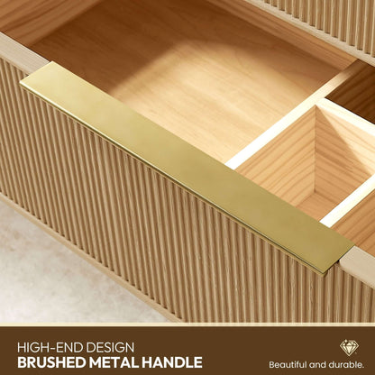 Close-up of drawer with brushed metal handle on Vinnova, Hohhot 24" Free-standing Single Bath Vanity in Washed Ash Grey with White Integrated Stone Sink Top.