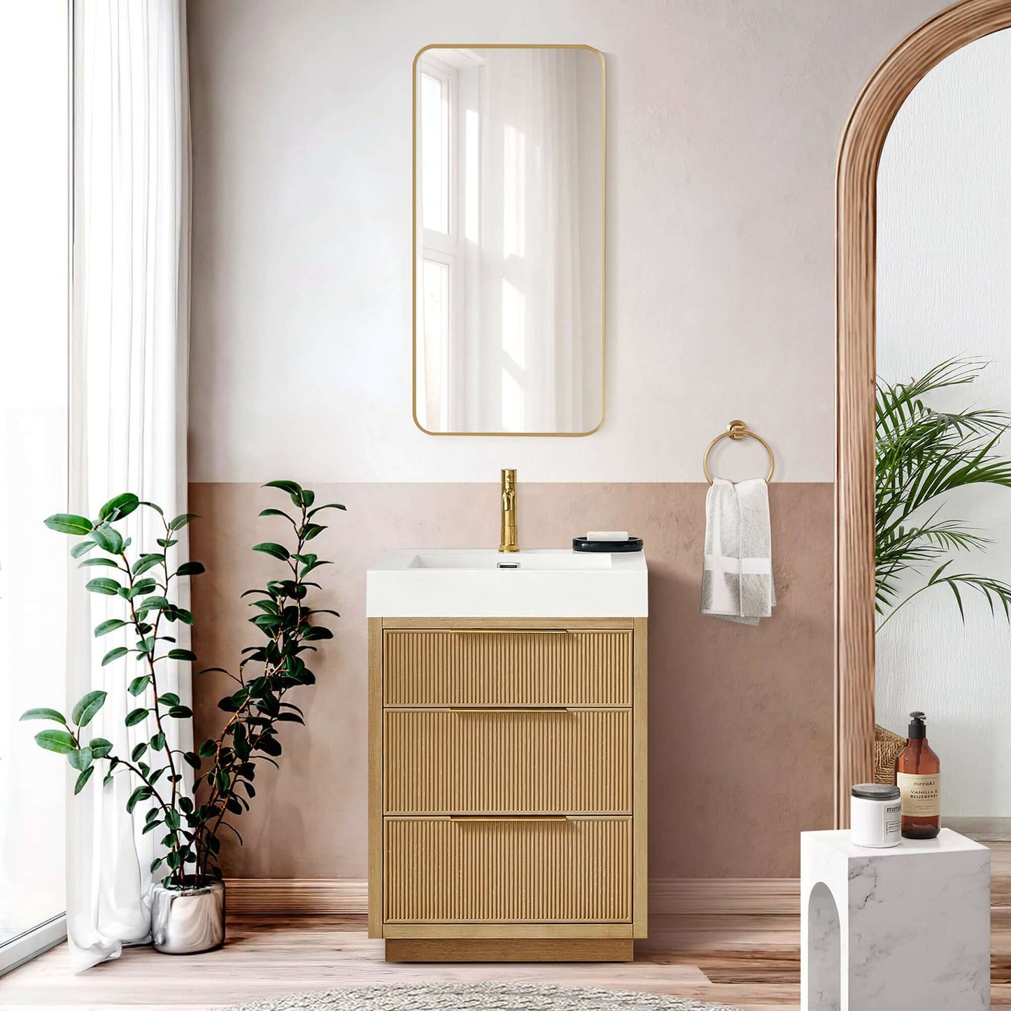 Vinnova, Hohhot 24" Free-standing Single Bath Vanity in Washed Ash Grey with White Integrated Stone Sink Top in modern bathroom