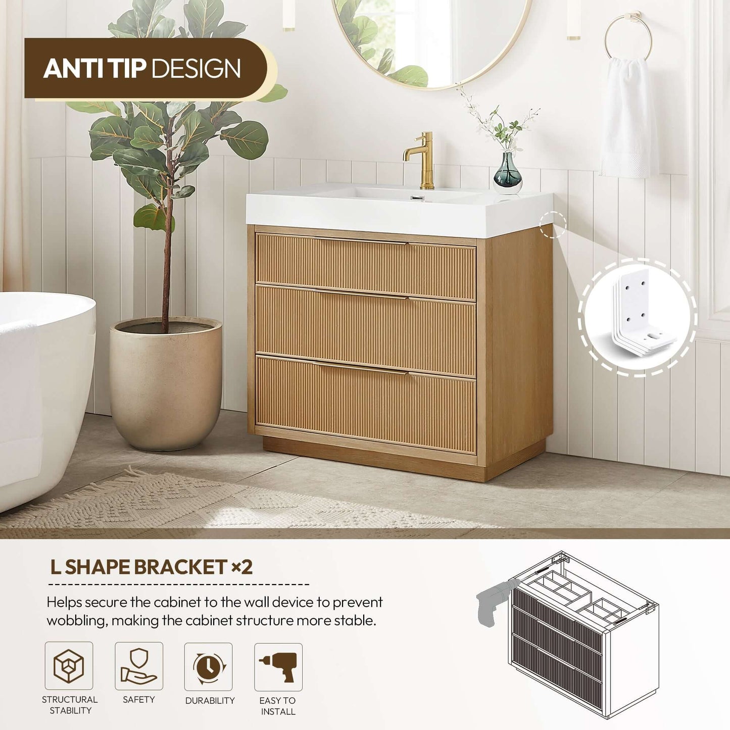 Vinnova, Hohhot 36" Free-standing Single Bath Vanity in Washed Ash Grey with White Integrated Stone Sink Top
