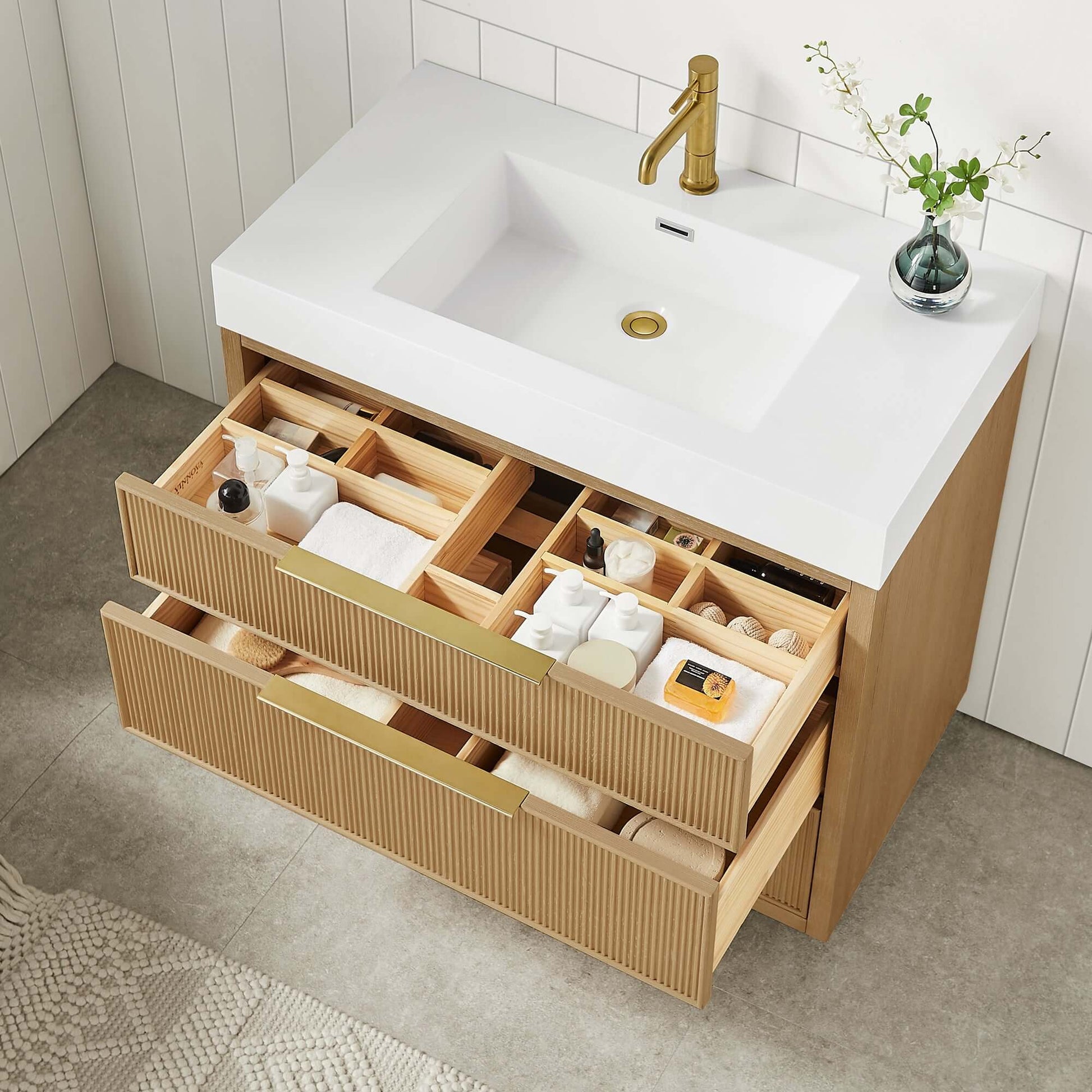 Vinnova, Hohhot 36" Free-standing Single Bath Vanity in Washed Ash Grey with white integrated stone sink top, open drawers view.