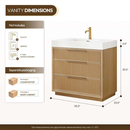Vinnova, Hohhot 36" Free-standing Single Bath Vanity in Washed Ash Grey with White Integrated Stone Sink Top dimensions illustration
