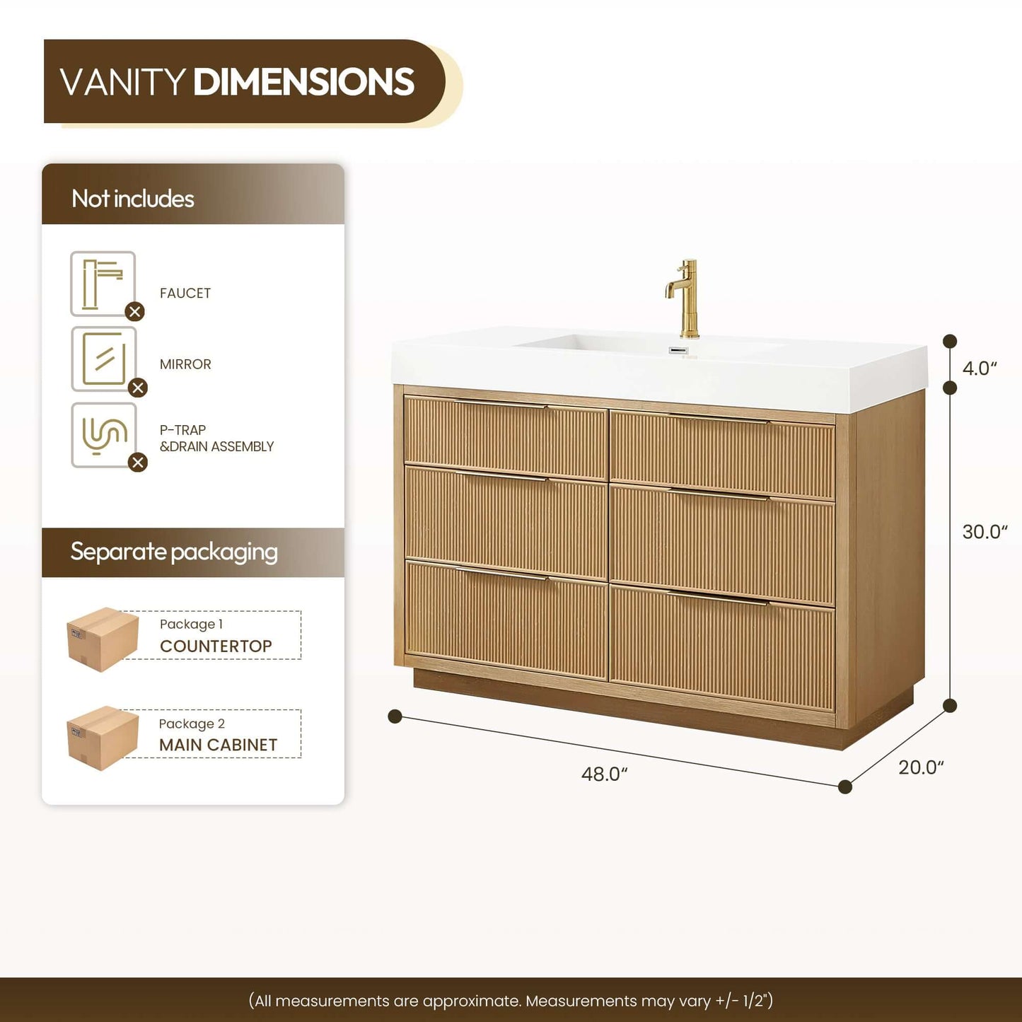 Dimensions of Vinnova, Hohhot 48" Free-standing Single Bath Vanity in Washed Ash Grey with White Integrated Stone Sink Top