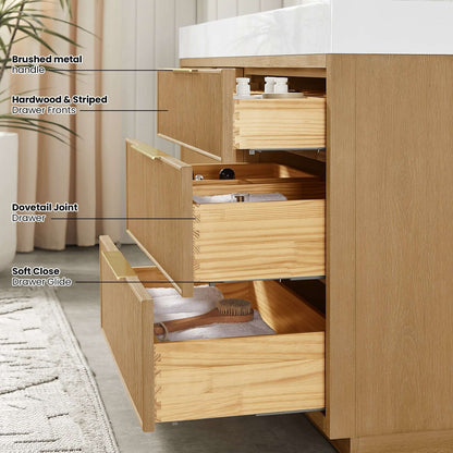 Diagram showing features of Vinnova, Hohhot 48" Free-standing Single Bath Vanity in Washed Ash Grey with white stone sink top