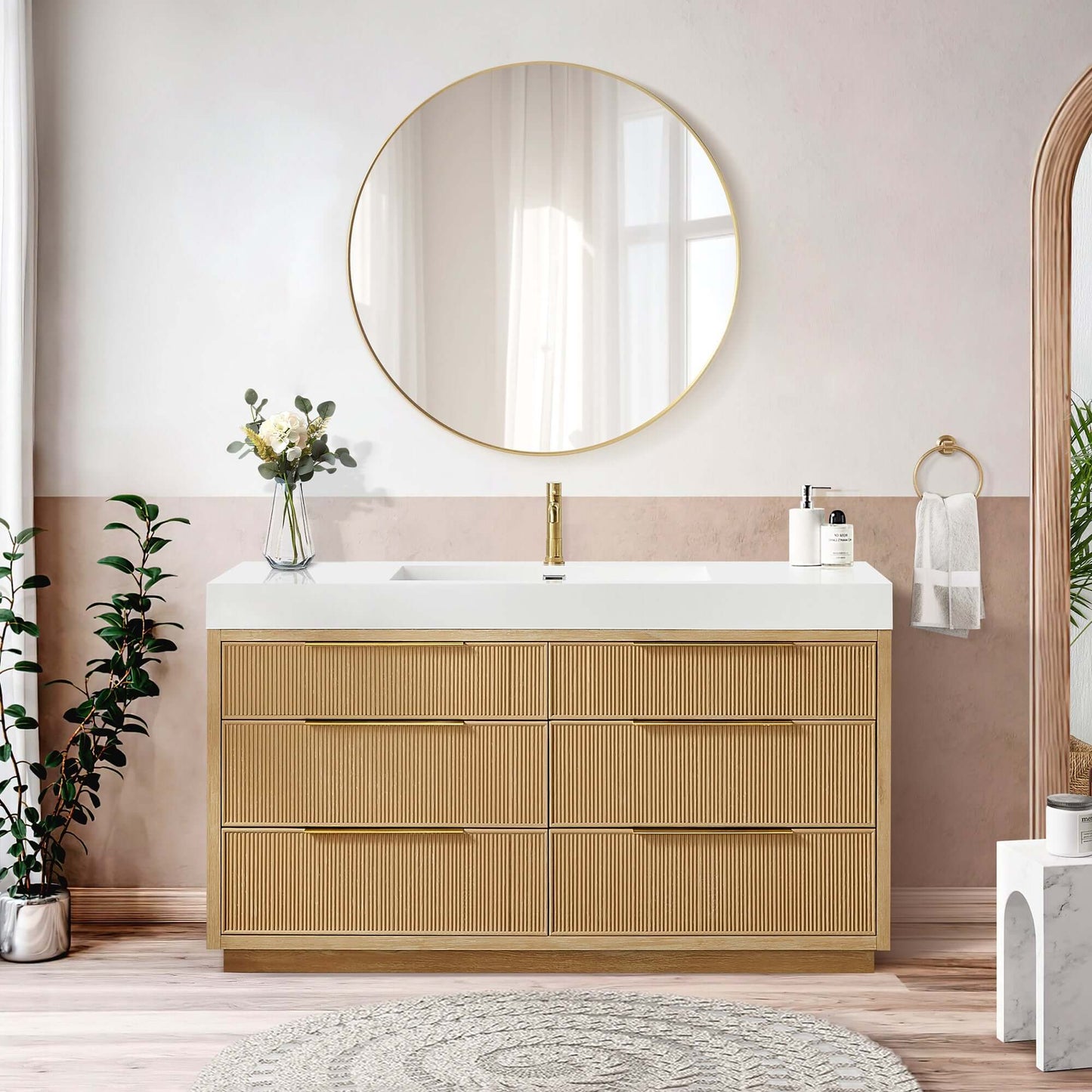 Vinnova, Hohhot 60" Free-standing Single Bath Vanity in Washed Ash Grey with White Integrated Stone Sink Top, elegant bathroom design.