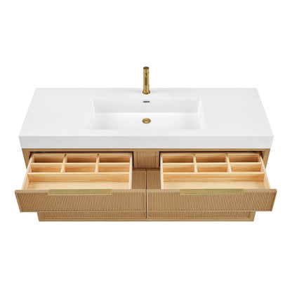 Vinnova, Hohhot 60" Free-standing Single Bath Vanity in Washed Ash Grey with White Integrated Stone Sink Top, elegant bathroom vanity