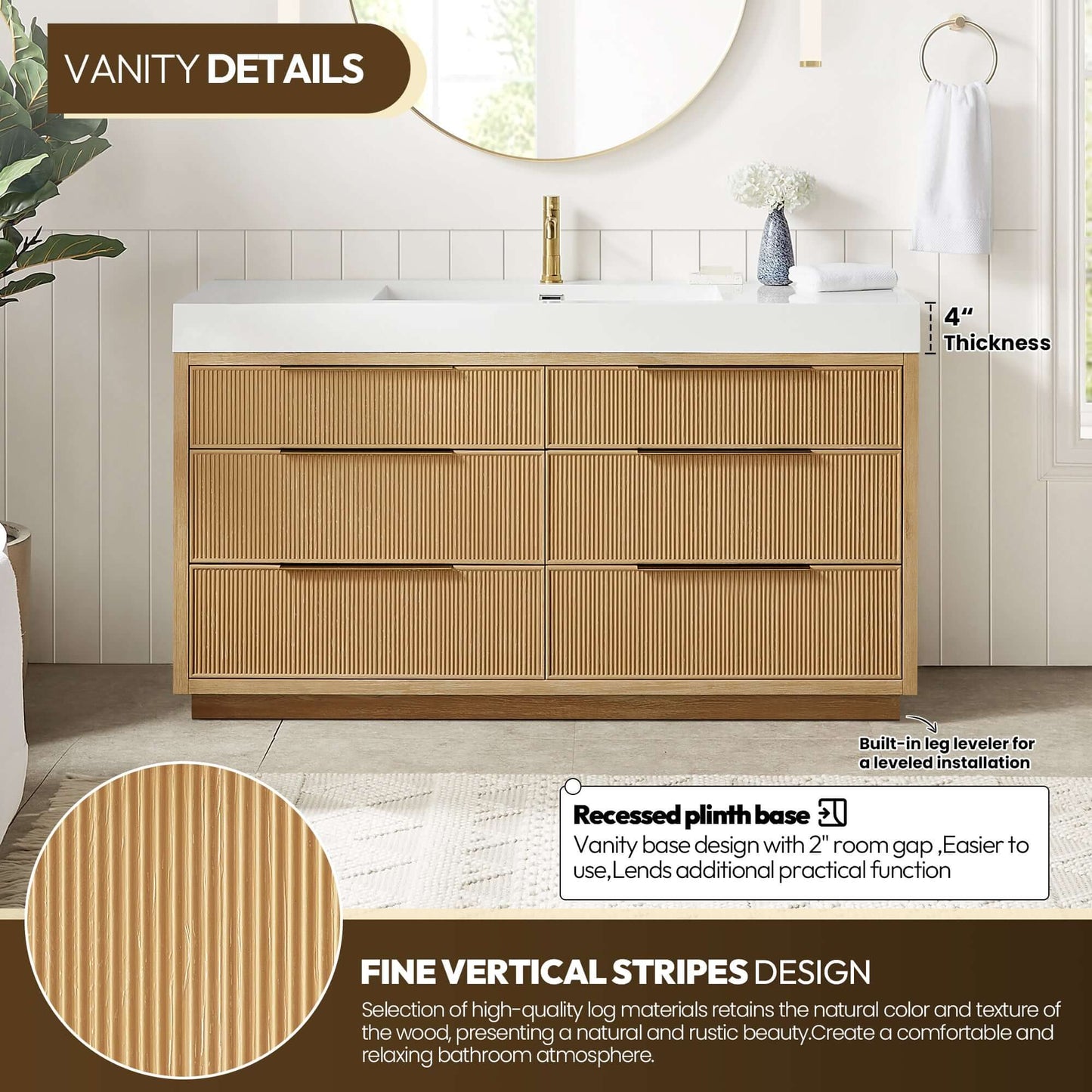 Vinnova, Hohhot 60" Free-standing Single Bath Vanity in Washed Ash Grey with White Integrated Stone Sink Top in bathroom setting