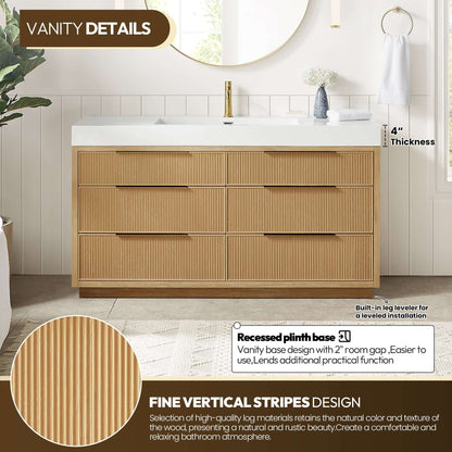 Vinnova, Hohhot 60" Free-standing Single Bath Vanity in Washed Ash Grey with White Integrated Stone Sink Top in bathroom setting