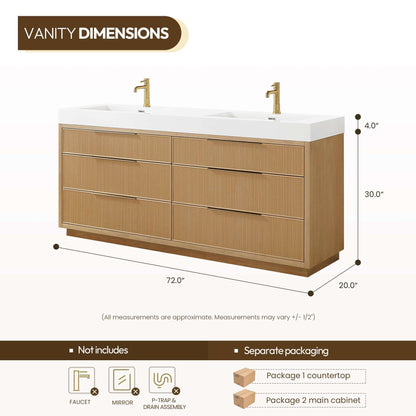 Vinnova, Hohhot 72" Free-standing Double Bath Vanity in Washed Ash Grey with White Integrated Stone Sink Top