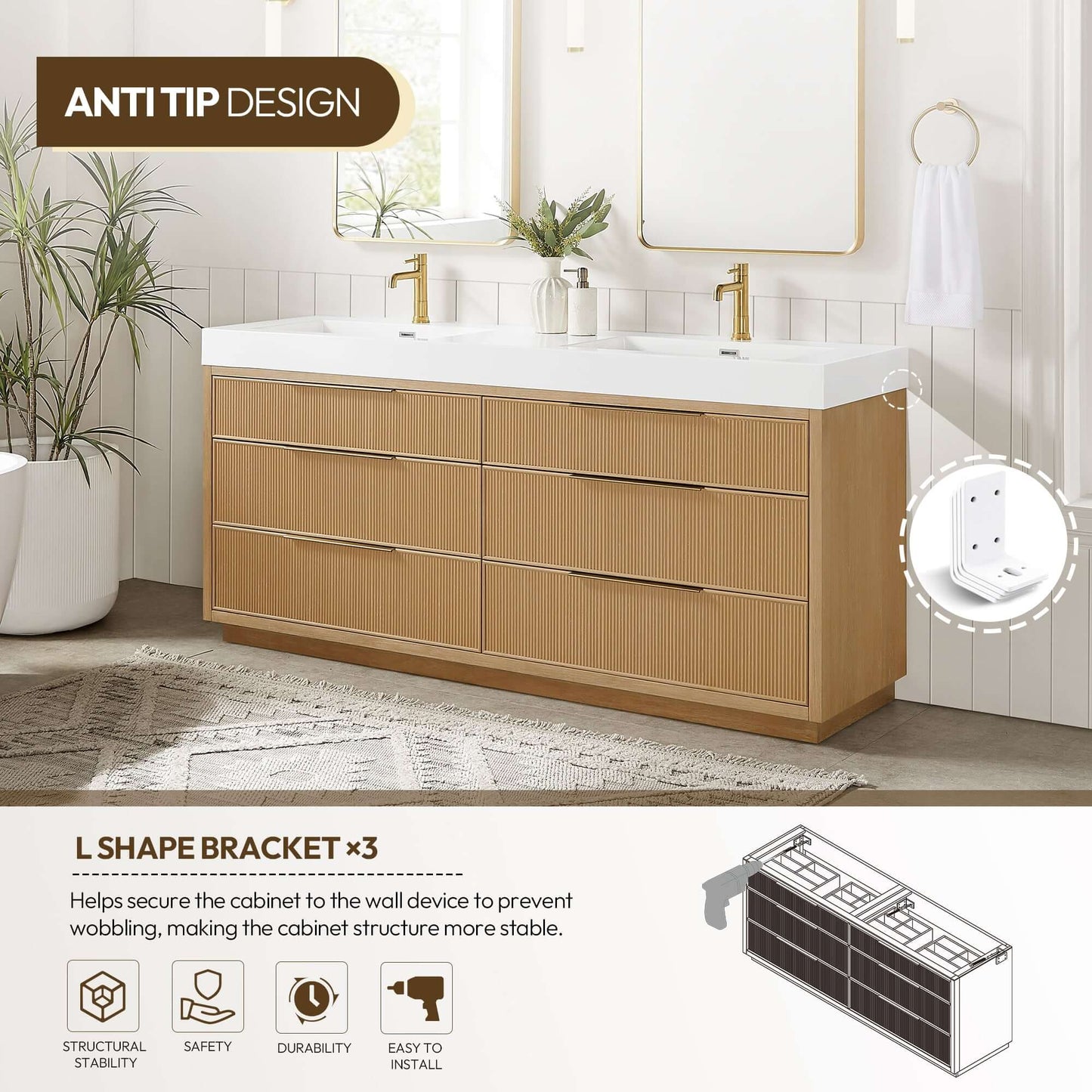 Vinnova, Hohhot 72" Free-standing Double Bath Vanity in Washed Ash Grey with White Integrated Stone Sink Top, anti-tip design