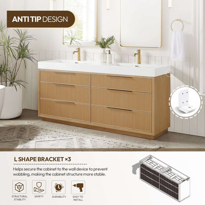 Vinnova, Hohhot 72" Free-standing Double Bath Vanity in Washed Ash Grey with White Integrated Stone Sink Top, anti-tip design