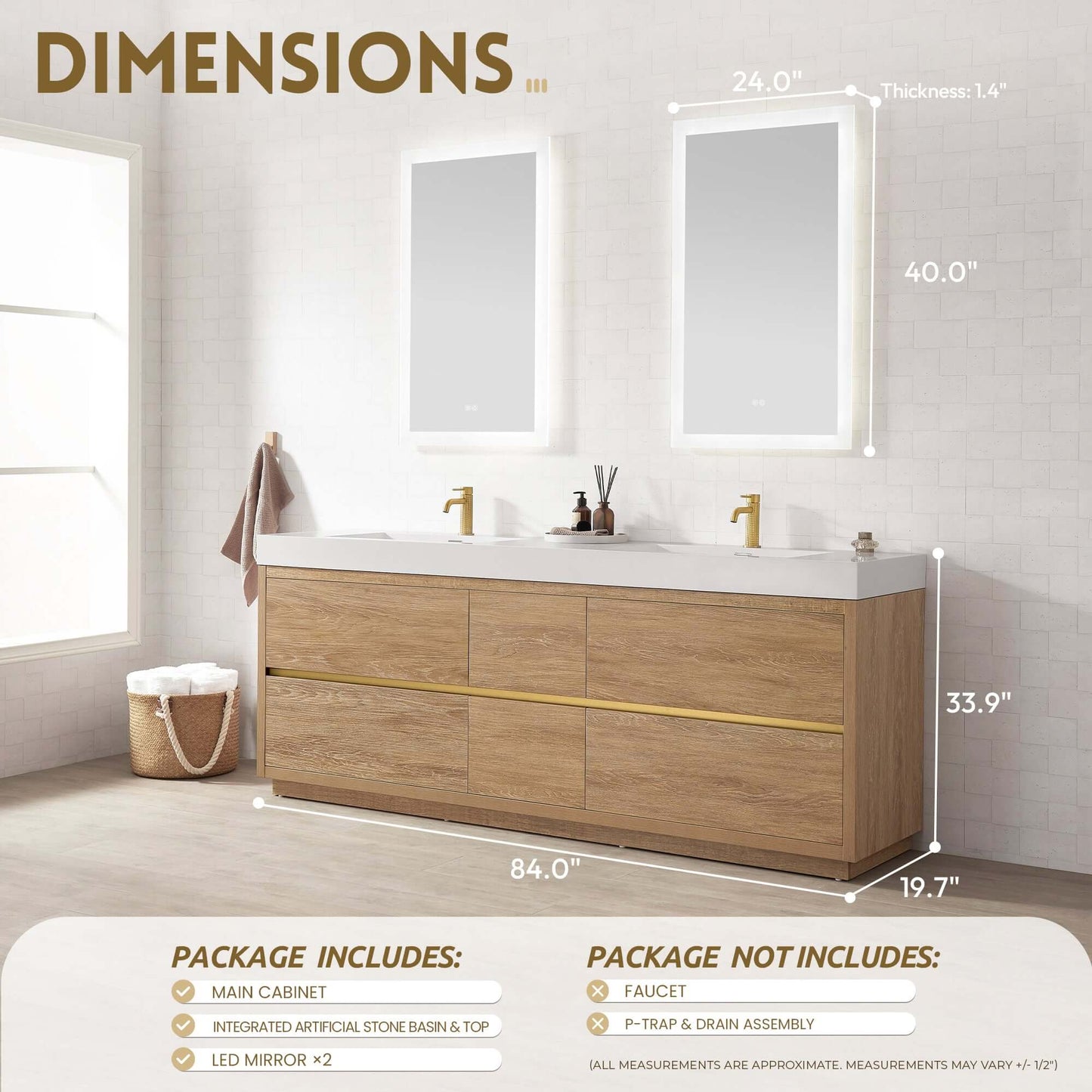 Vinnova, Huesca 84" Double Sink Bath Vanity in North American Oak with White Composite Integral Square Sink Top and Mirror displayed in bathroom.