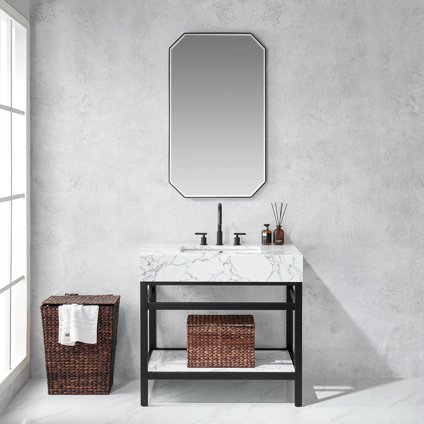 Vinnova, Sabadell 24 in. W x 40 in. H Octagon Metal Wall Mirror in Matte Black