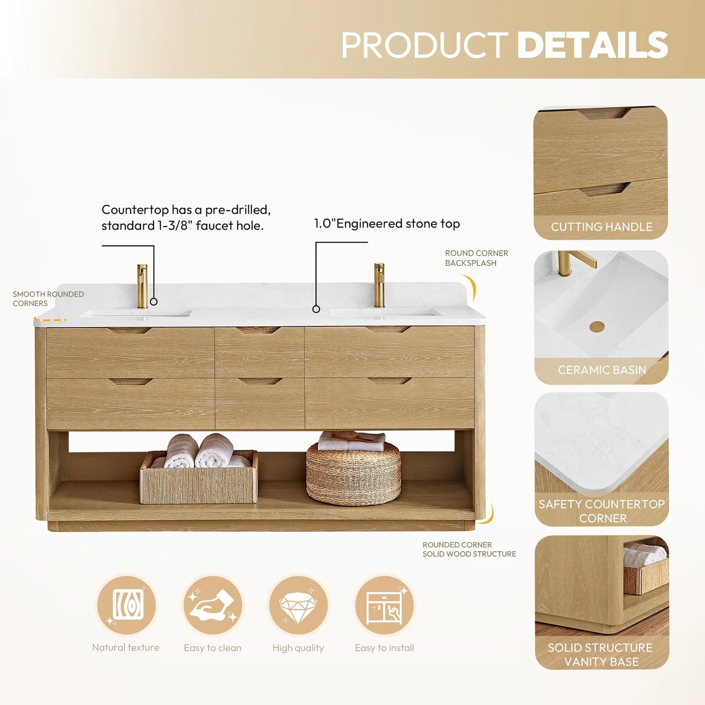 Vinnova, Harbin 72" Free-standing Double Bath Vanity in Washed Ash Grey with White Grain Stone Top