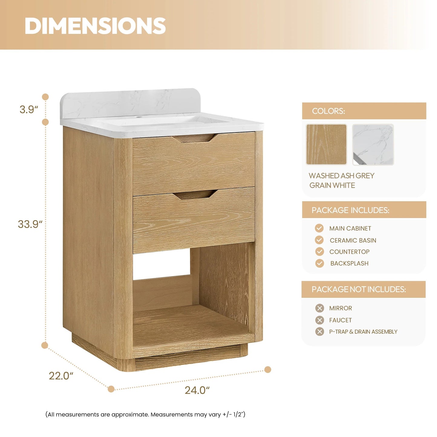 24" Vinnova Harbin Freestanding Bathroom Vanity | Single Sink | White Stone