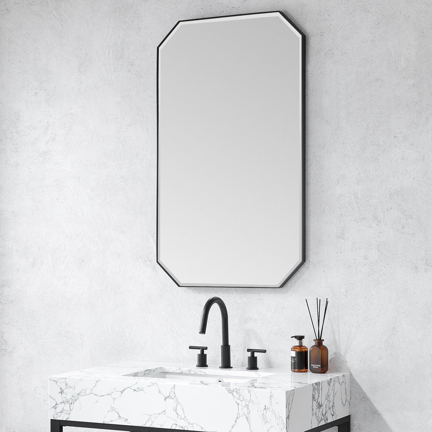 Vinnova, Sabadell 24 in. W x 40 in. H Octagon Metal Wall Mirror in Matte Black