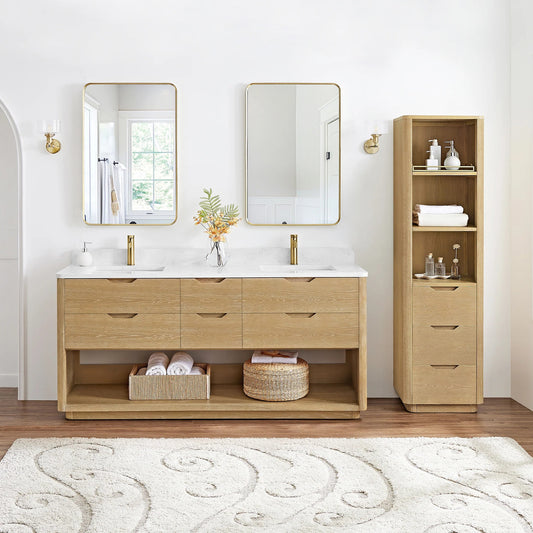 Vinnova, Harbin 72" Free-standing Double Bath Vanity in Washed Ash Grey with White Grain Stone Top