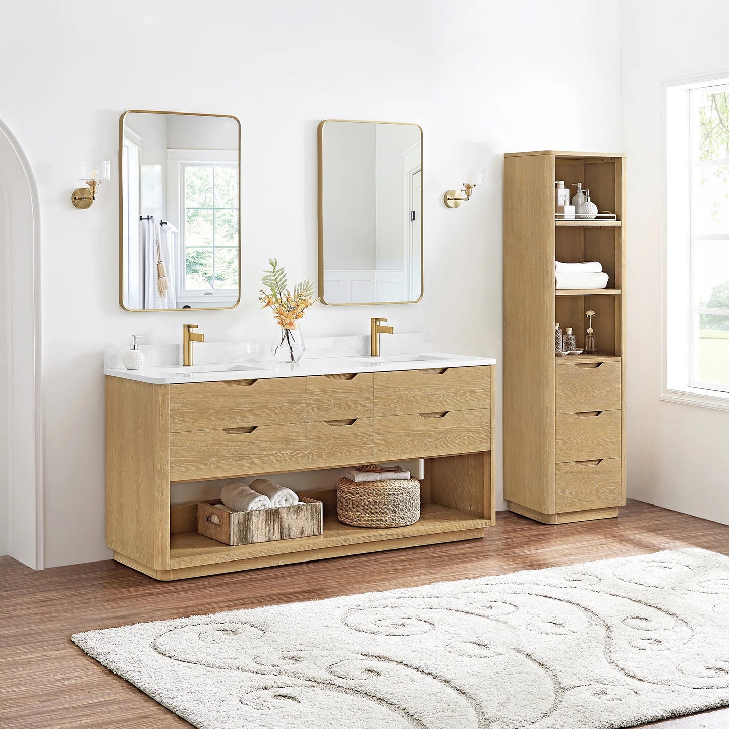 Vinnova, Harbin 72" Free-standing Double Bath Vanity in Washed Ash Grey with White Grain Stone Top